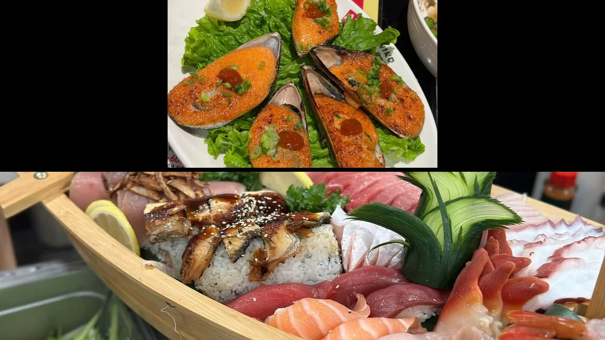 Sushi chefs preparing rolls behind a clean counter.