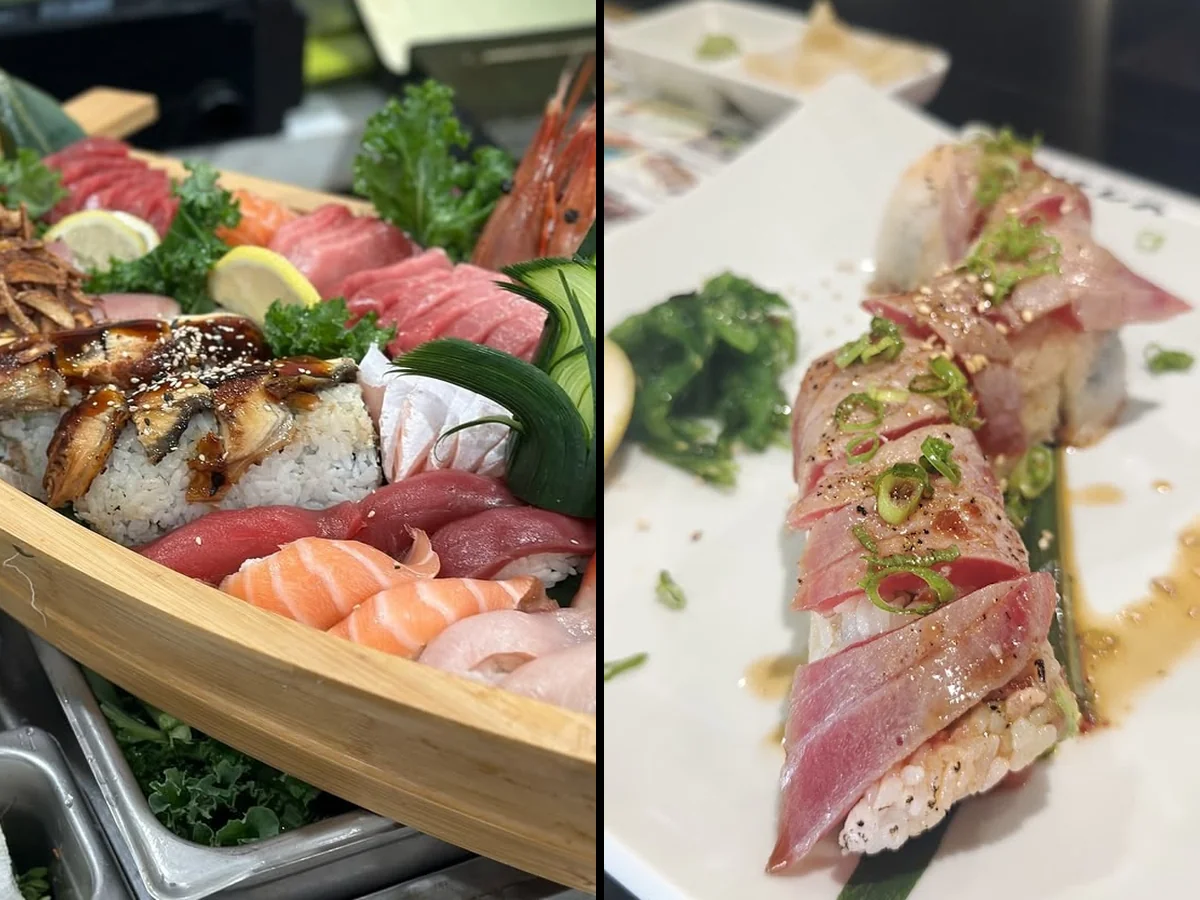 Sushi chefs preparing rolls behind a clean counter.