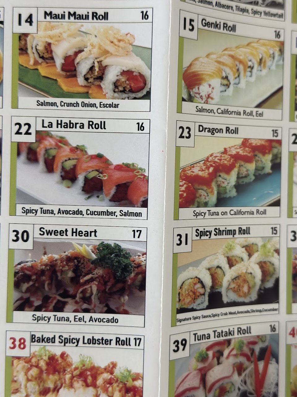 Menu page with sushi categories and dish listings.