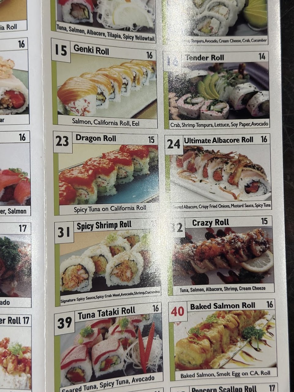 Sushi menu layout with rolls and combo platters.